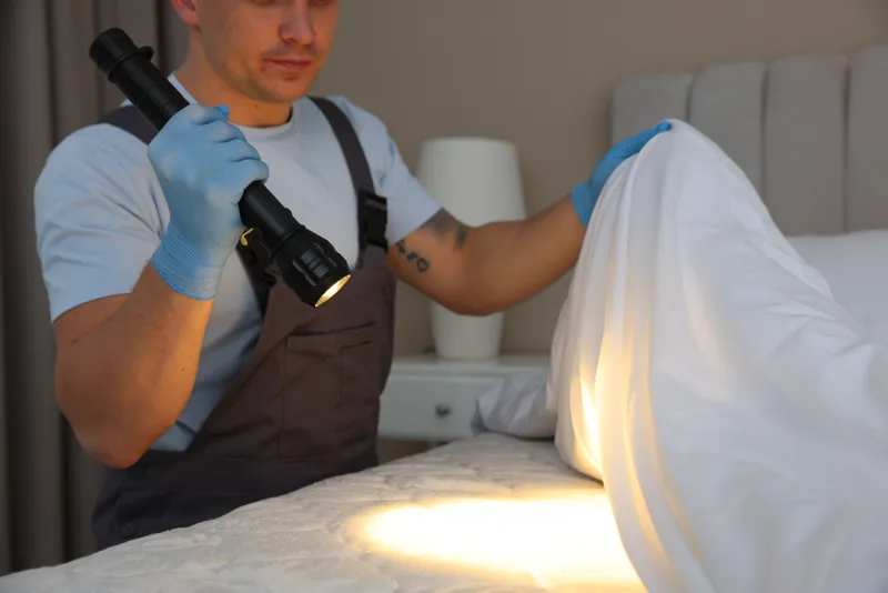 Technician inspecting a bed with a flashlight for bed bugs