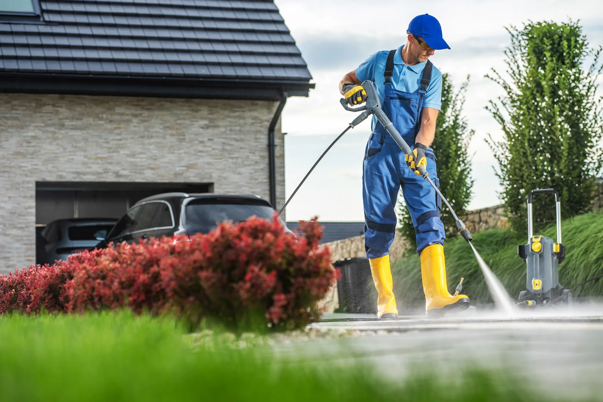 Technician power washing a driveway on a sunny day